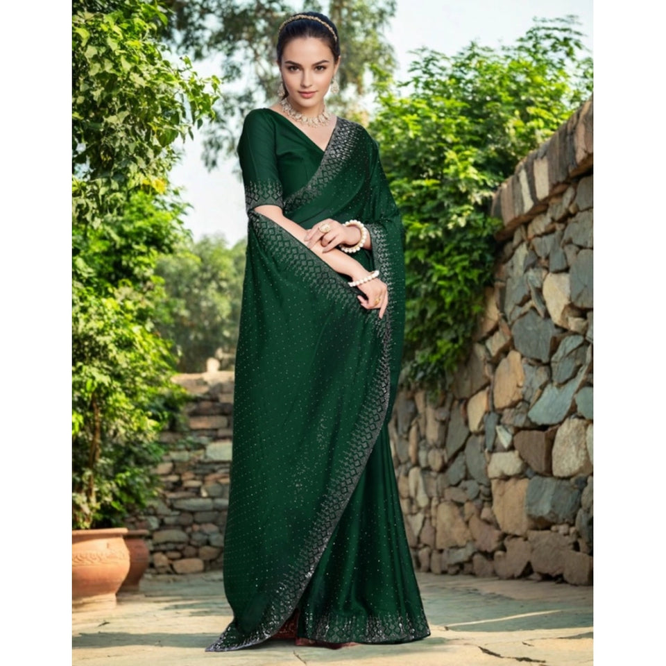Generic Women's Rangoli Diamond Weaving - Stone Work Saree With Unstitched Blouse 5.5Mtr (Green)