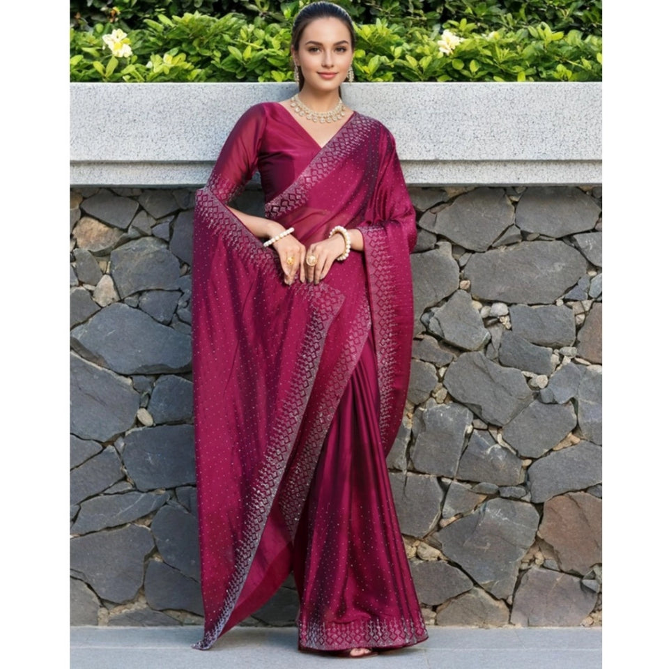 Generic Women's Rangoli Diamond Weaving - Stone Work Saree With Unstitched Blouse 5.5Mtr (Maroon)