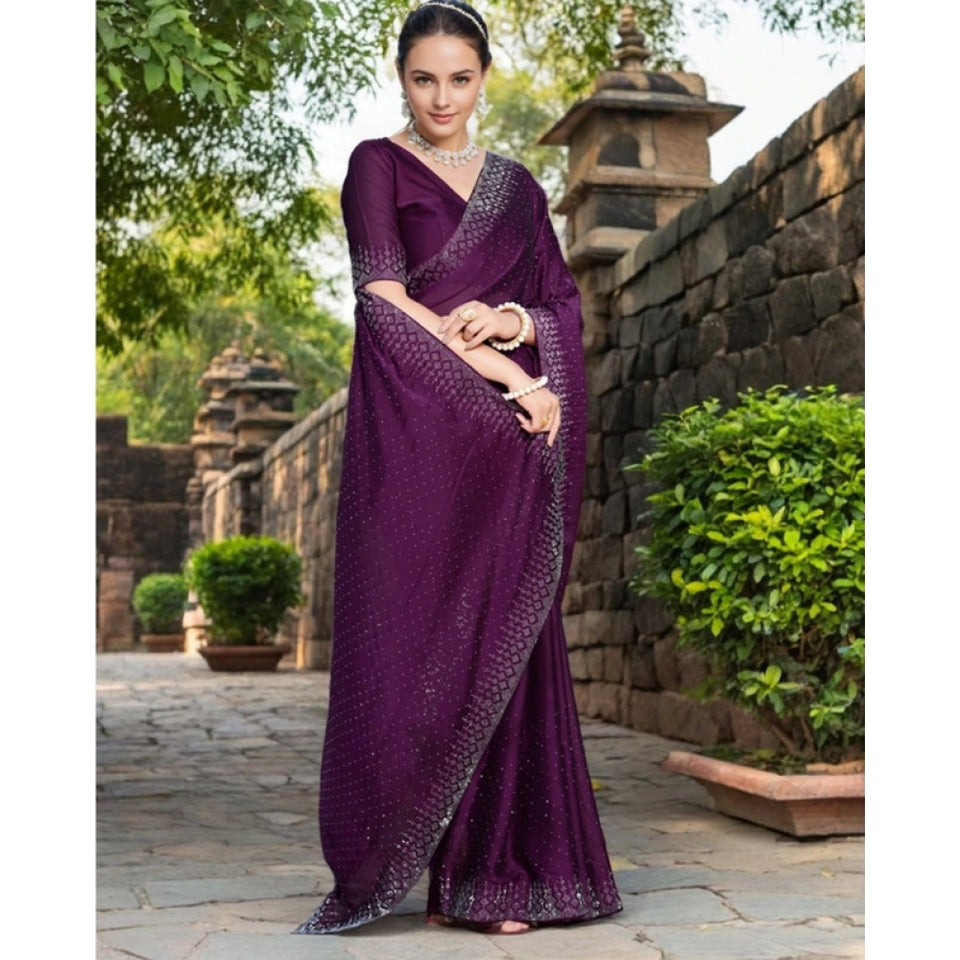 Generic Women's Rangoli Diamond Weaving - Stone Work Saree With Unstitched Blouse 5.5Mtr (Purple)