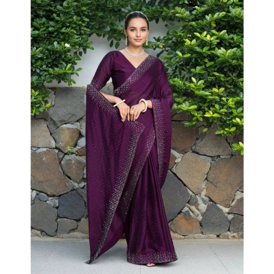 Generic Women's Rangoli Diamond Weaving - Stone Work Saree With Unstitched Blouse 5.5Mtr (Purple)