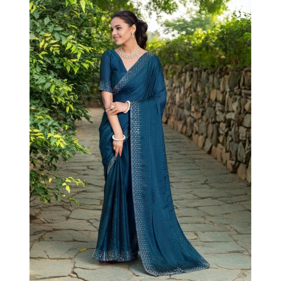 Generic Women's Rangoli Diamond Weaving - Stone Work Saree With Unstitched Blouse 5.5Mtr (Teal)